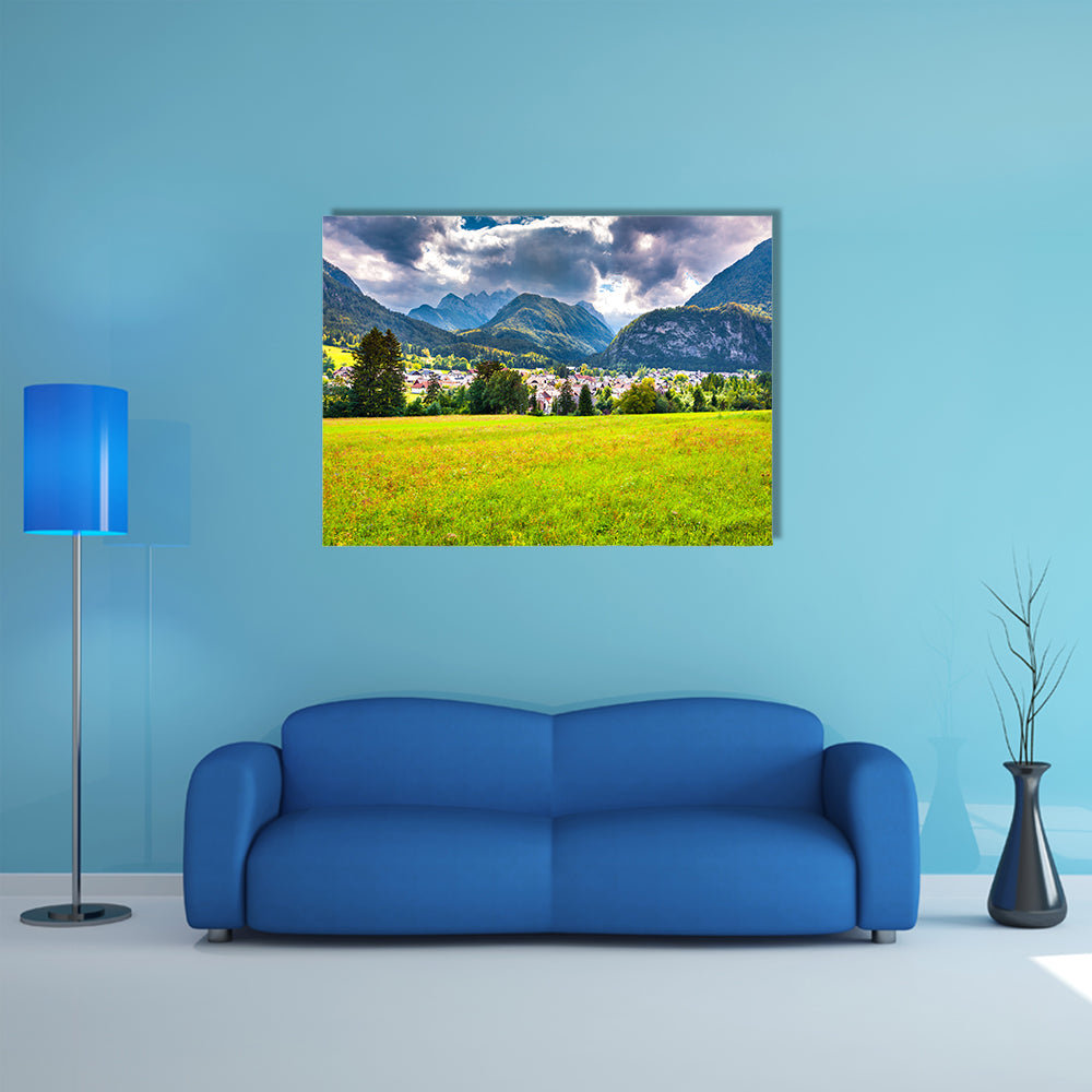 The summer sunny view of the Triglav mountain range village, multi panel canvas wall art