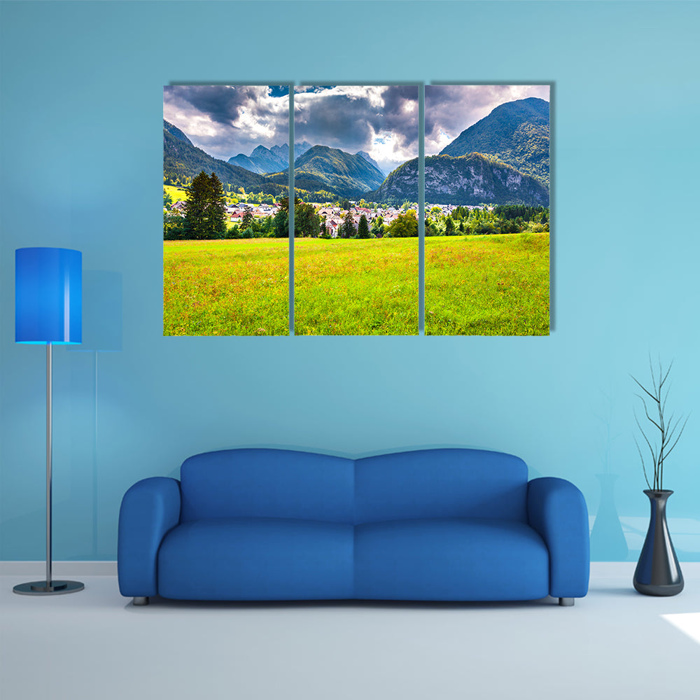 The summer sunny view of the Triglav mountain range village, multi panel canvas wall art