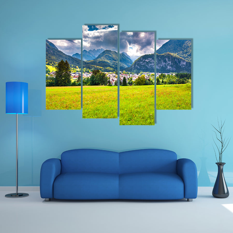 The summer sunny view of the Triglav mountain range village, multi panel canvas wall art