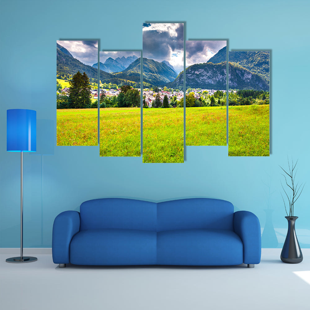 The summer sunny view of the Triglav mountain range village, multi panel canvas wall art