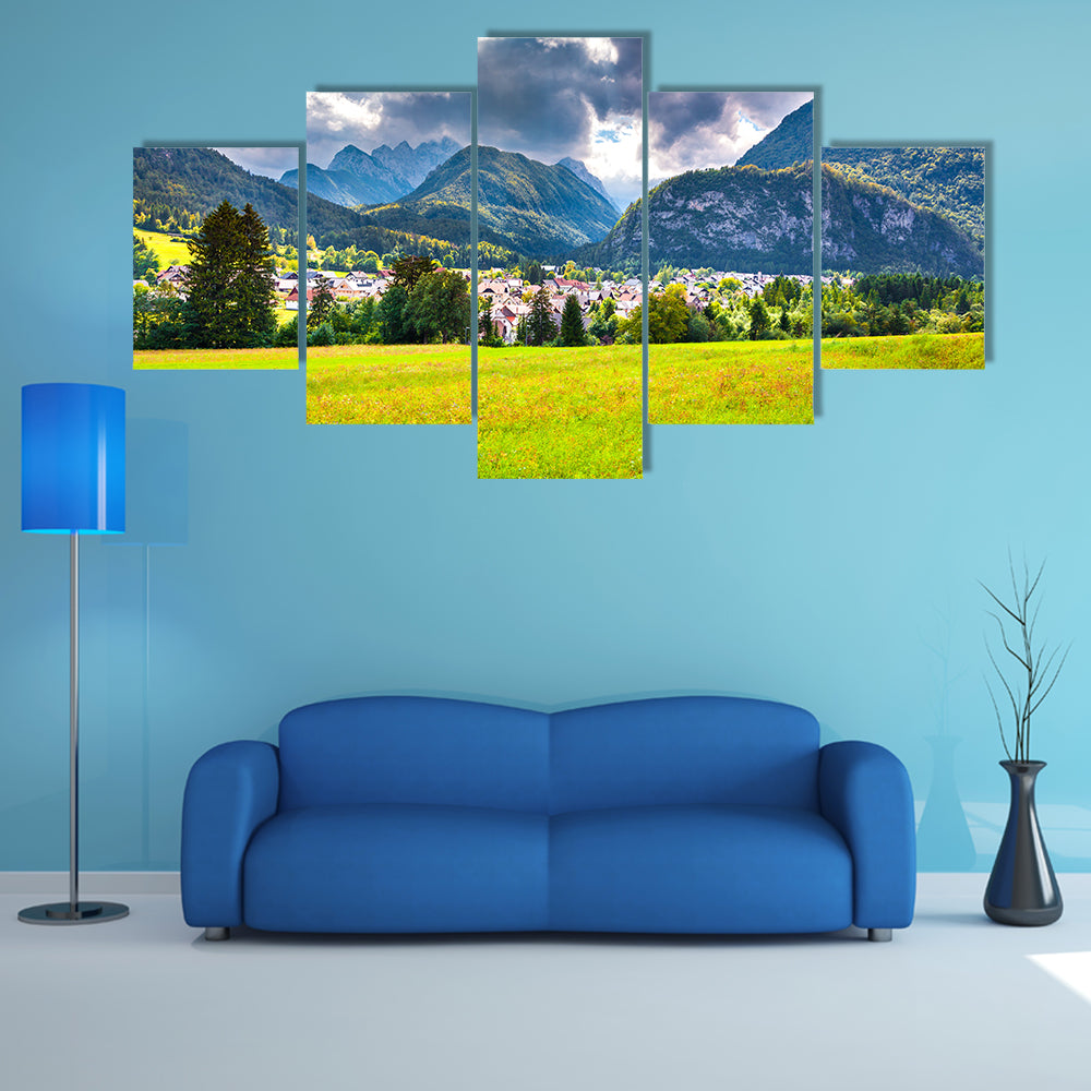 The summer sunny view of the Triglav mountain range village, multi panel canvas wall art