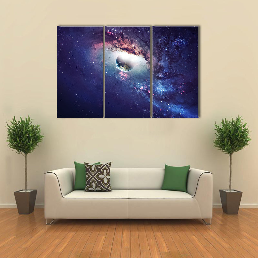 Light Peeking Into Universe Planets, Stars And Galaxies In Outer Space Multi Panel Canvas Wall Art
