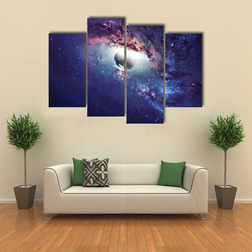 Light Peeking Into Universe Planets, Stars And Galaxies In Outer Space Multi Panel Canvas Wall Art