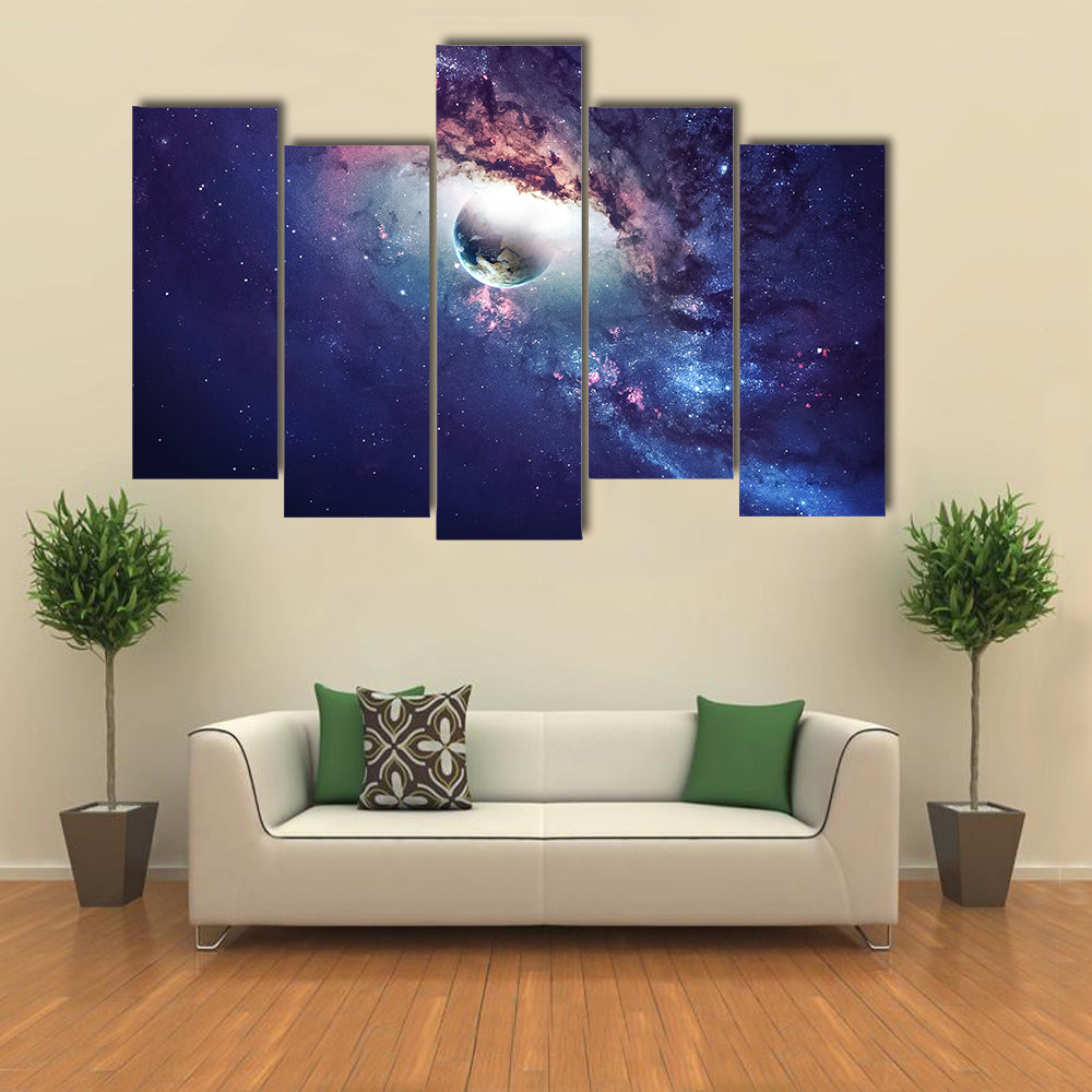 Light Peeking Into Universe Planets, Stars And Galaxies In Outer Space Multi Panel Canvas Wall Art