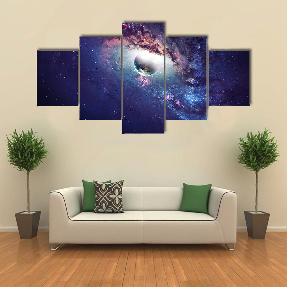 Light Peeking Into Universe Planets, Stars And Galaxies In Outer Space Multi Panel Canvas Wall Art