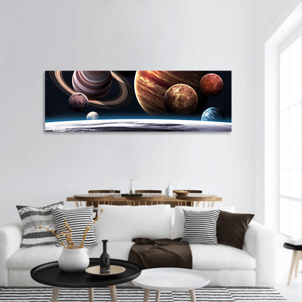 Planets of the solar system panoramic canvas wall art.