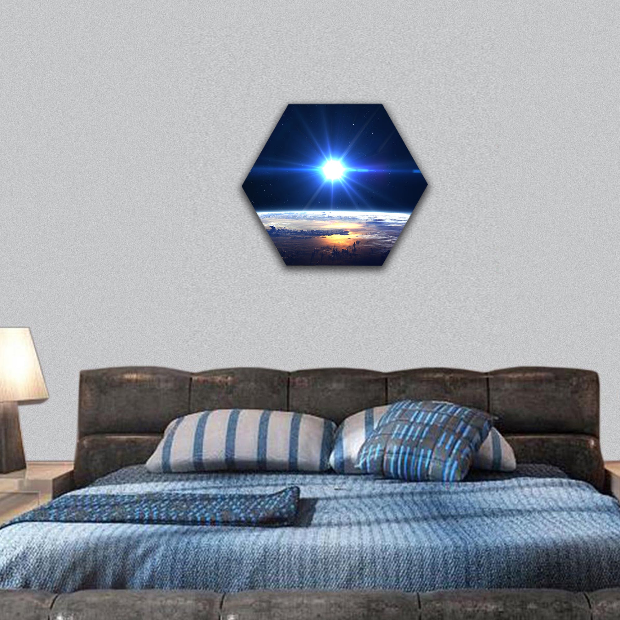 The World Globe from Space in a star field hexagonal canvas wall art