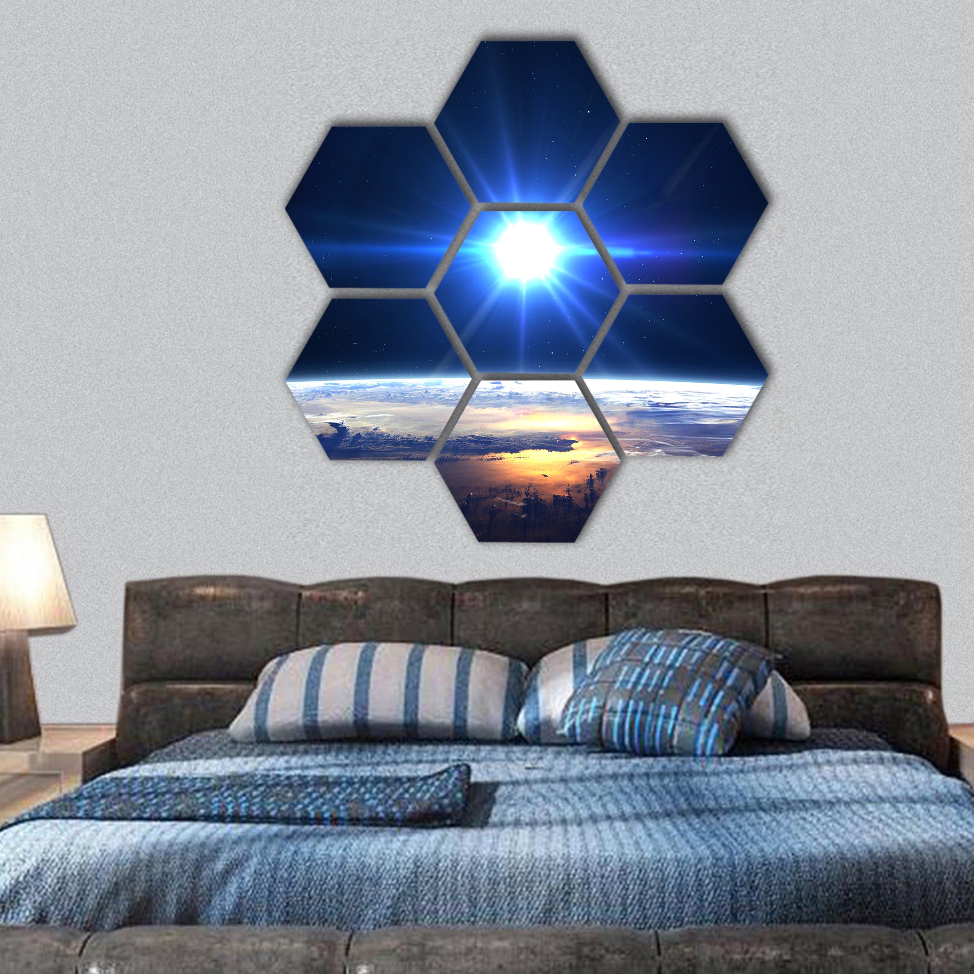 The World Globe from Space in a star field hexagonal canvas wall art