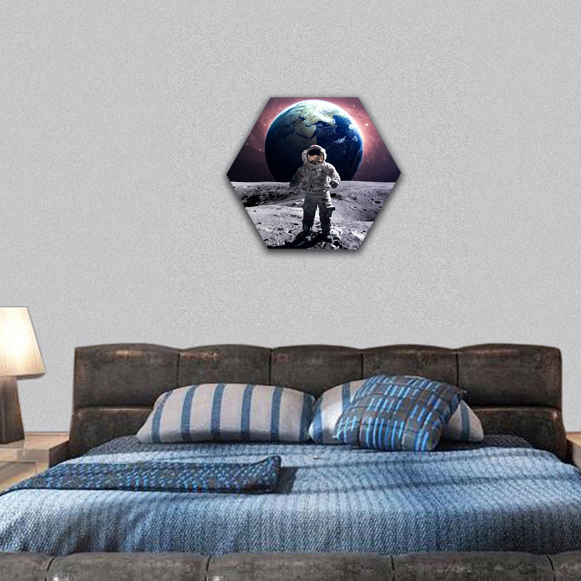 Brave astronaut at the spacewalk on the moon hexagonal canvas wall art