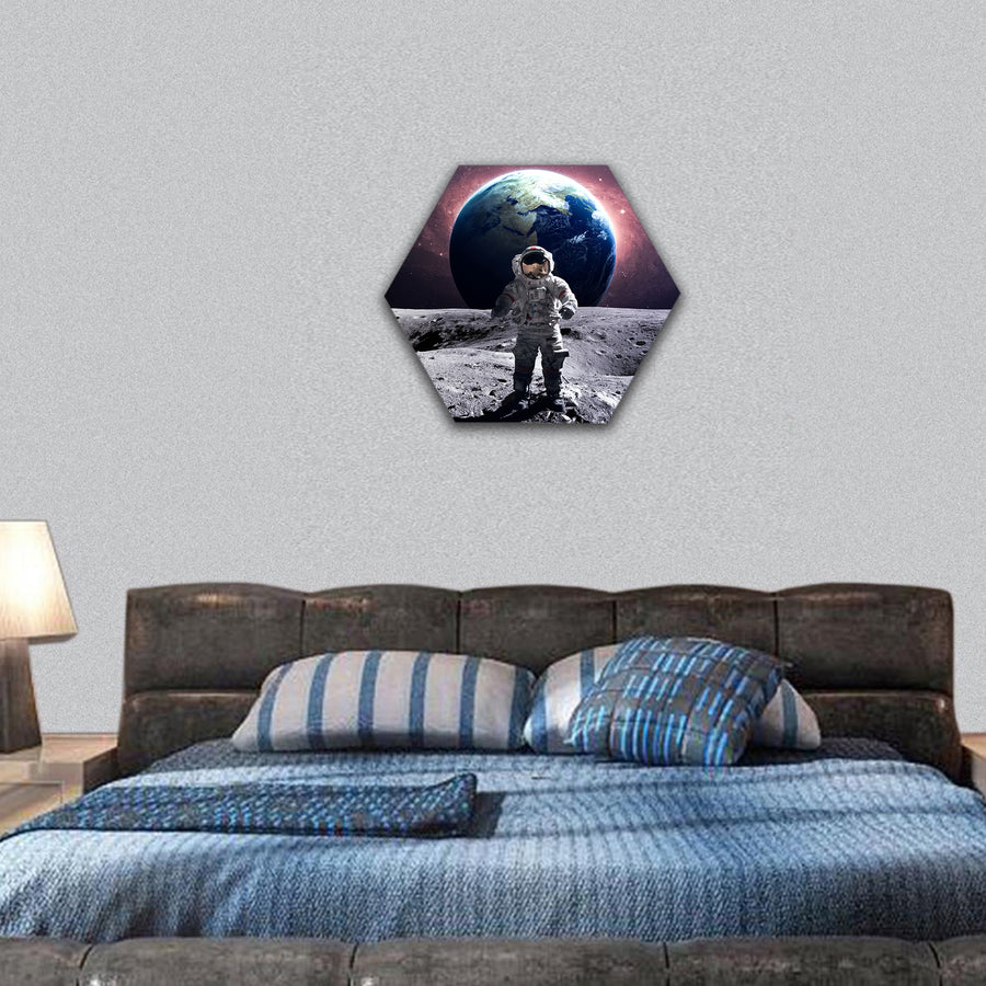 Brave astronaut at the spacewalk on the moon hexagonal canvas wall art