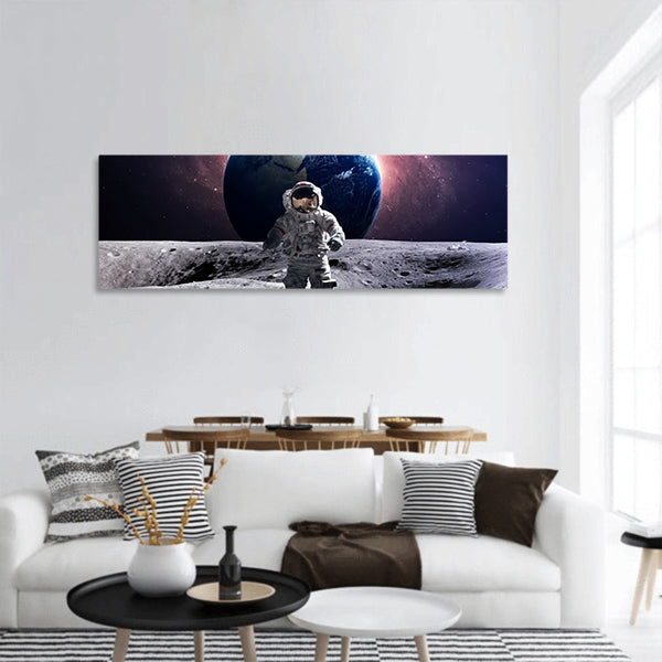 Brave astronaut at the spacewalk on the moon panoramic canvas wall art.