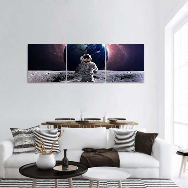 Brave astronaut at the spacewalk on the moon panoramic canvas wall art.