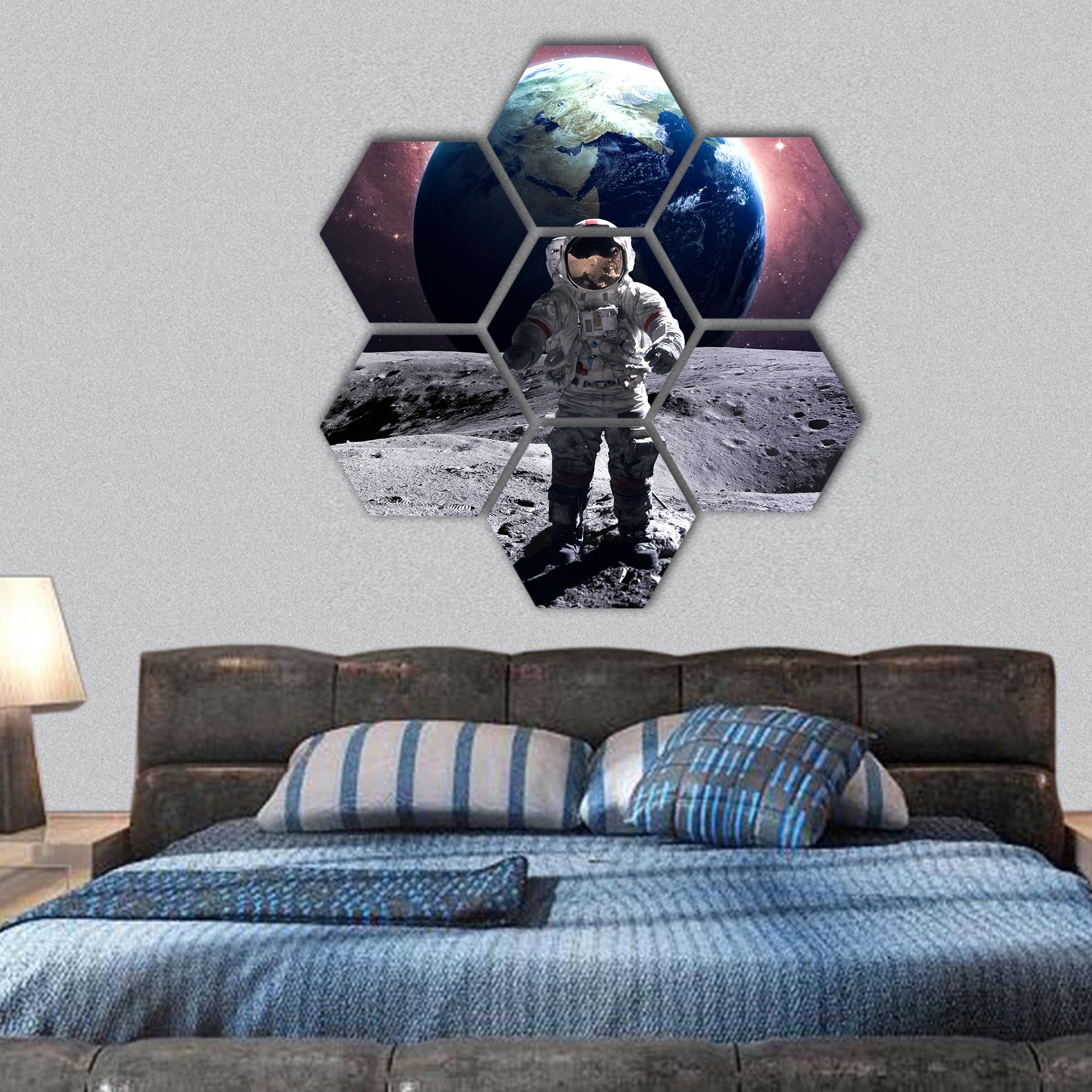 Brave astronaut at the spacewalk on the moon hexagonal canvas wall art