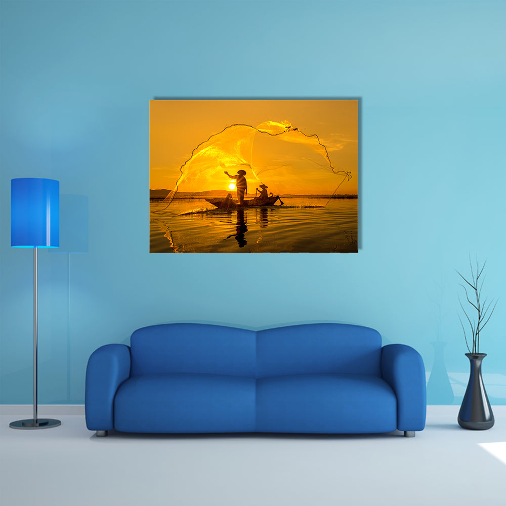 Fisherman of Bangpra Lake in action when fishing, Thailand multi panel canvas wall art