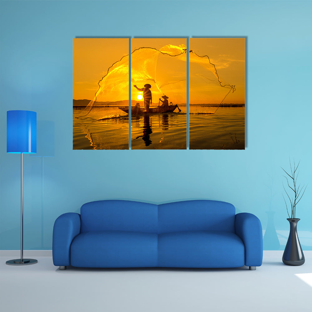 Fisherman of Bangpra Lake in action when fishing, Thailand multi panel canvas wall art