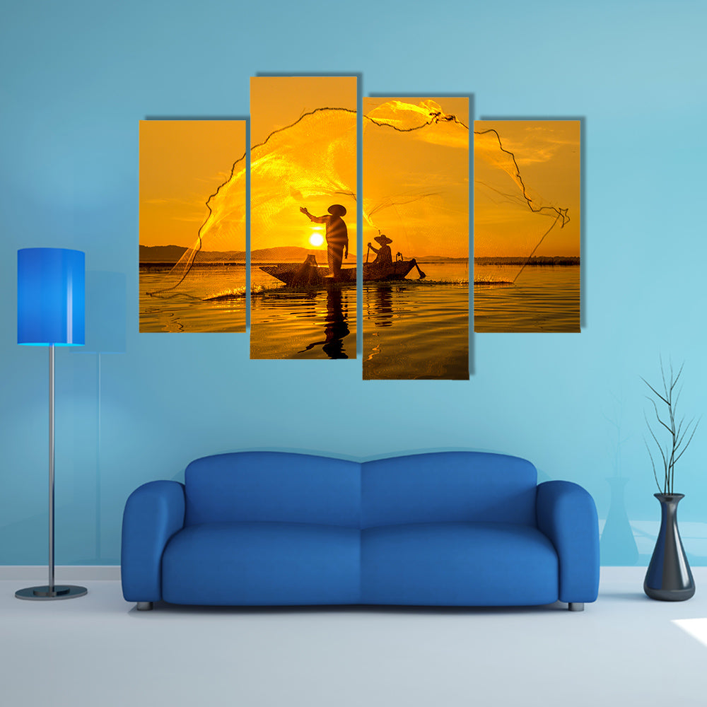 Fisherman of Bangpra Lake in action when fishing, Thailand multi panel canvas wall art