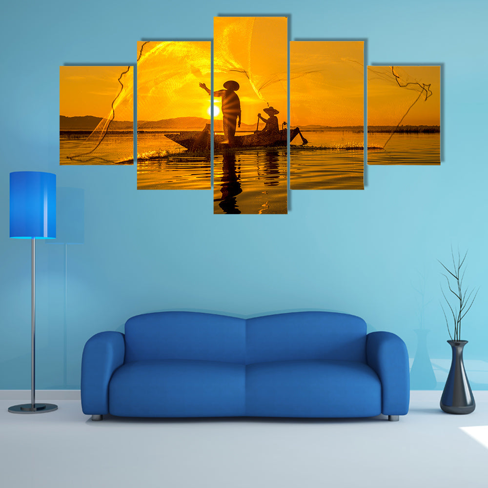 Fisherman of Bangpra Lake in action when fishing, Thailand multi panel canvas wall art