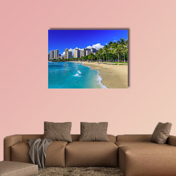 Honolulu, Hawaii waikiki beach and Honolulu's skyline Multi panel canvas wall art