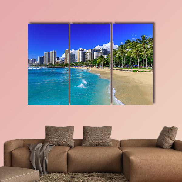 Honolulu, Hawaii waikiki beach and Honolulu's skyline Multi panel canvas wall art