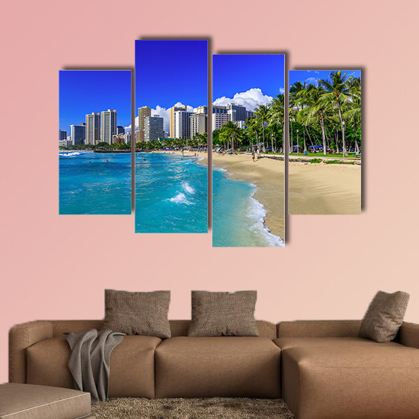 Honolulu, Hawaii waikiki beach and Honolulu's skyline Multi panel canvas wall art