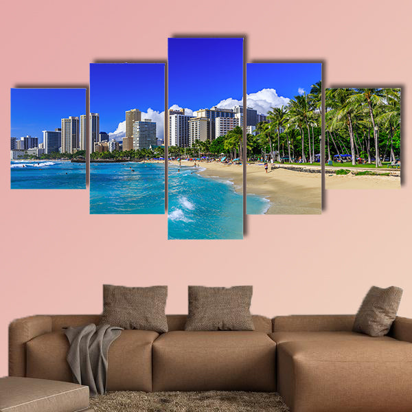 Honolulu, Hawaii waikiki beach and Honolulu's skyline Multi panel canvas wall art