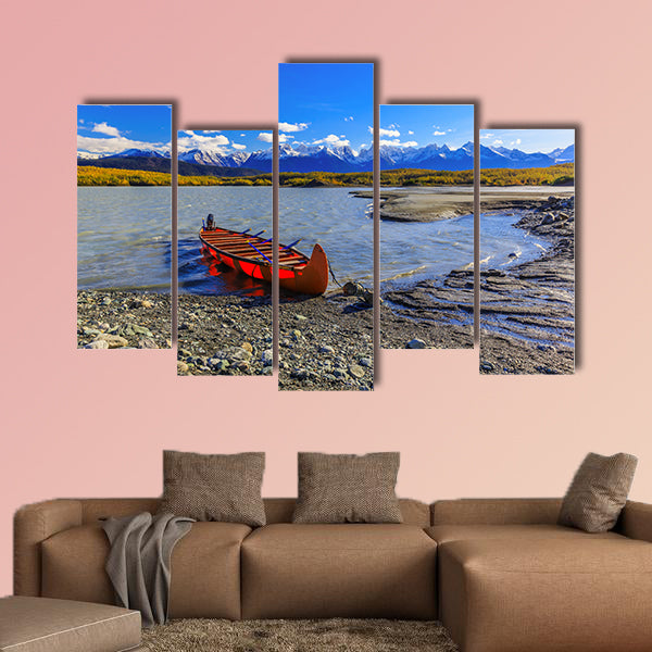 Skagway, Alaska. Canoe on the glacial lake of Davidson Multi panel canvas wall art