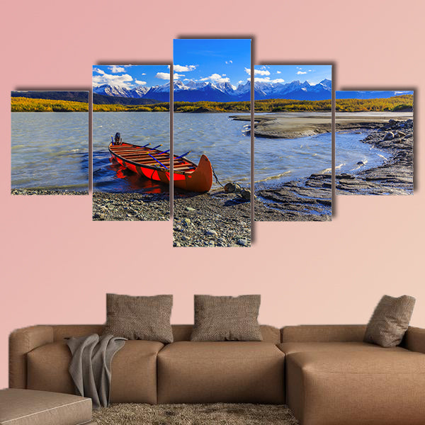 Skagway, Alaska. Canoe on the glacial lake of Davidson Multi panel canvas wall art