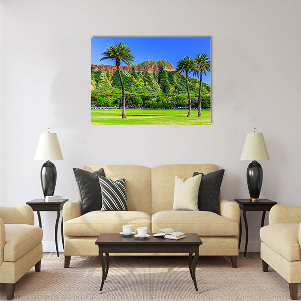 Honolulu, Hawaii. Diamond head crater and palm trees. Multi Panel Canvas Wall Art