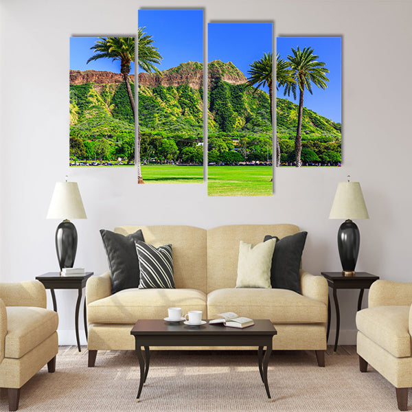 Honolulu, Hawaii. Diamond head crater and palm trees. Multi Panel Canvas Wall Art