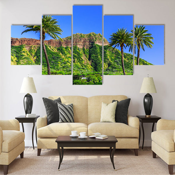 Honolulu, Hawaii. Diamond head crater and palm trees. Multi Panel Canvas Wall Art
