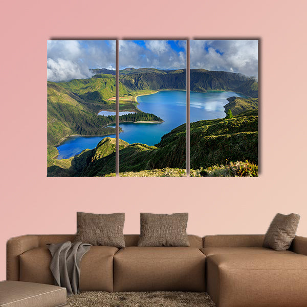 Lagoa do Fogo and green valley on San Miguel island of Azores multi panel canvas wall art