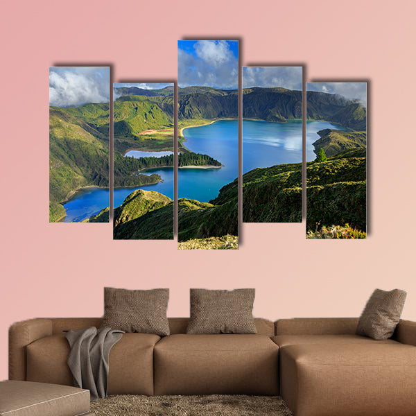 Lagoa do Fogo and green valley on San Miguel island of Azores multi panel canvas wall art