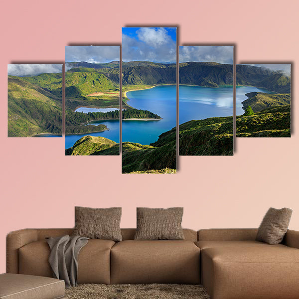 Lagoa do Fogo and green valley on San Miguel island of Azores multi panel canvas wall art