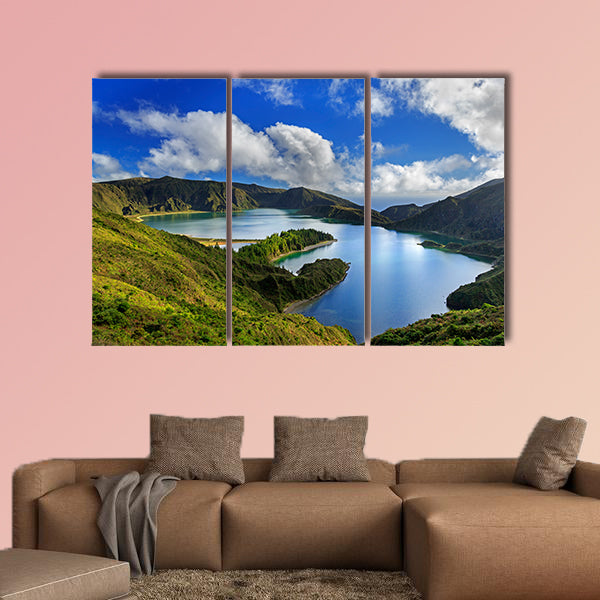 Lagoa do Fogo and green valley on San Miguel island of Azores multi panel canvas wall art
