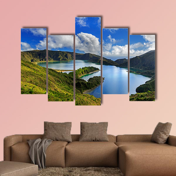 Lagoa do Fogo and green valley on San Miguel island of Azores multi panel canvas wall art