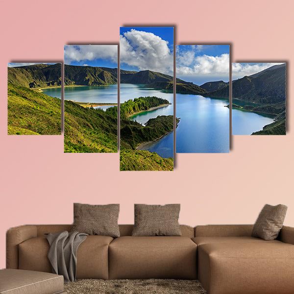 Lagoa do Fogo and green valley on San Miguel island of Azores multi panel canvas wall art