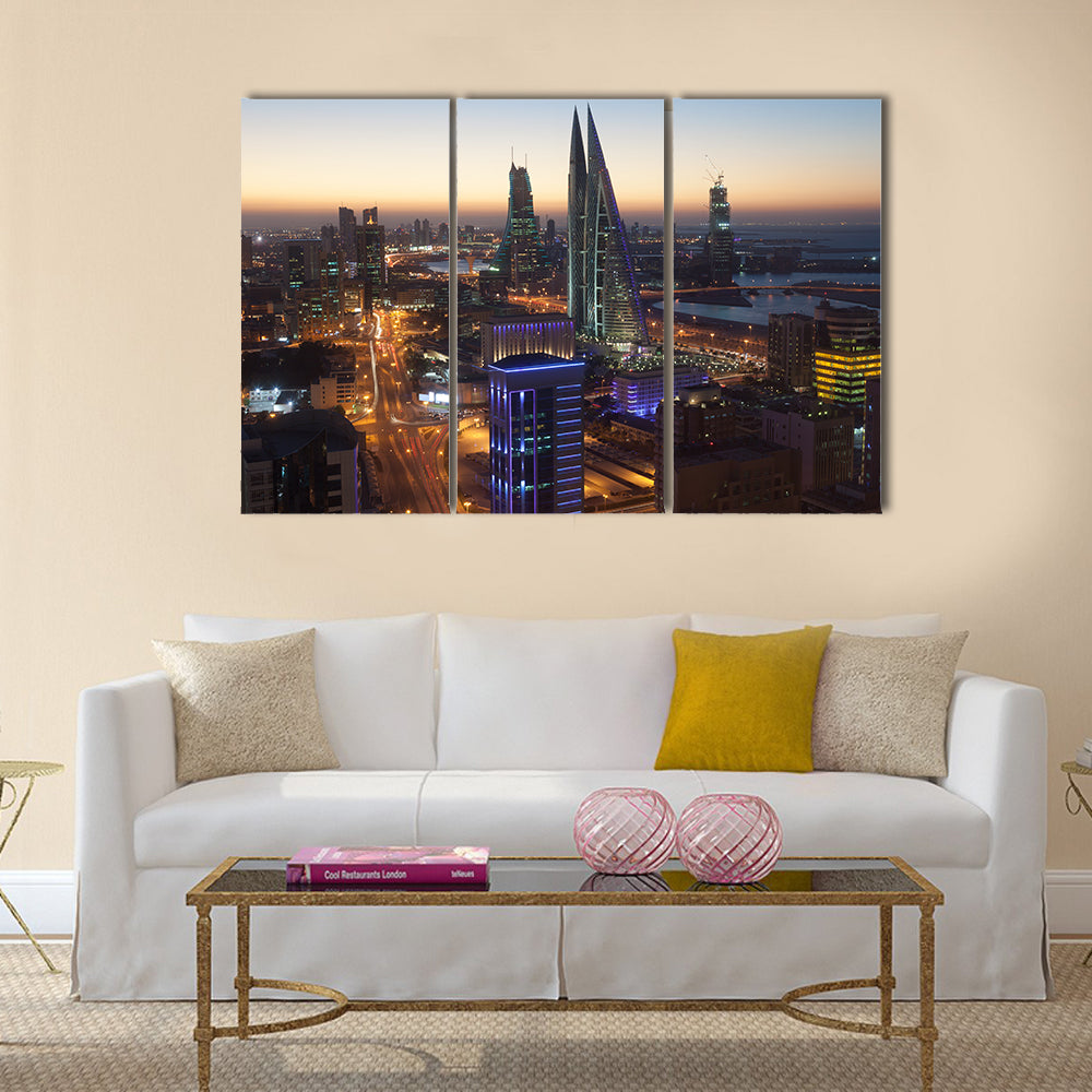 Manama City illuminated at night. Kingdom of Bahrain Multi panel canvas wall art