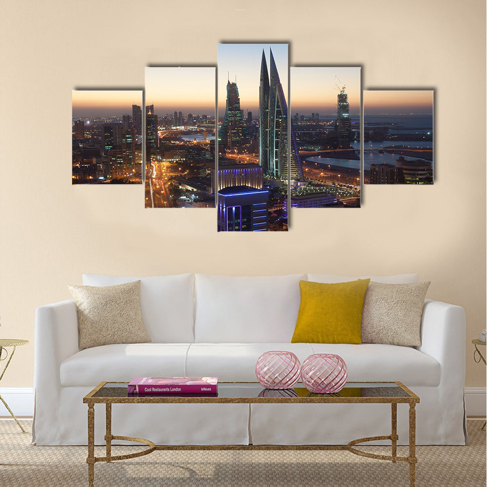 Manama City illuminated at night. Kingdom of Bahrain Multi panel canvas wall art