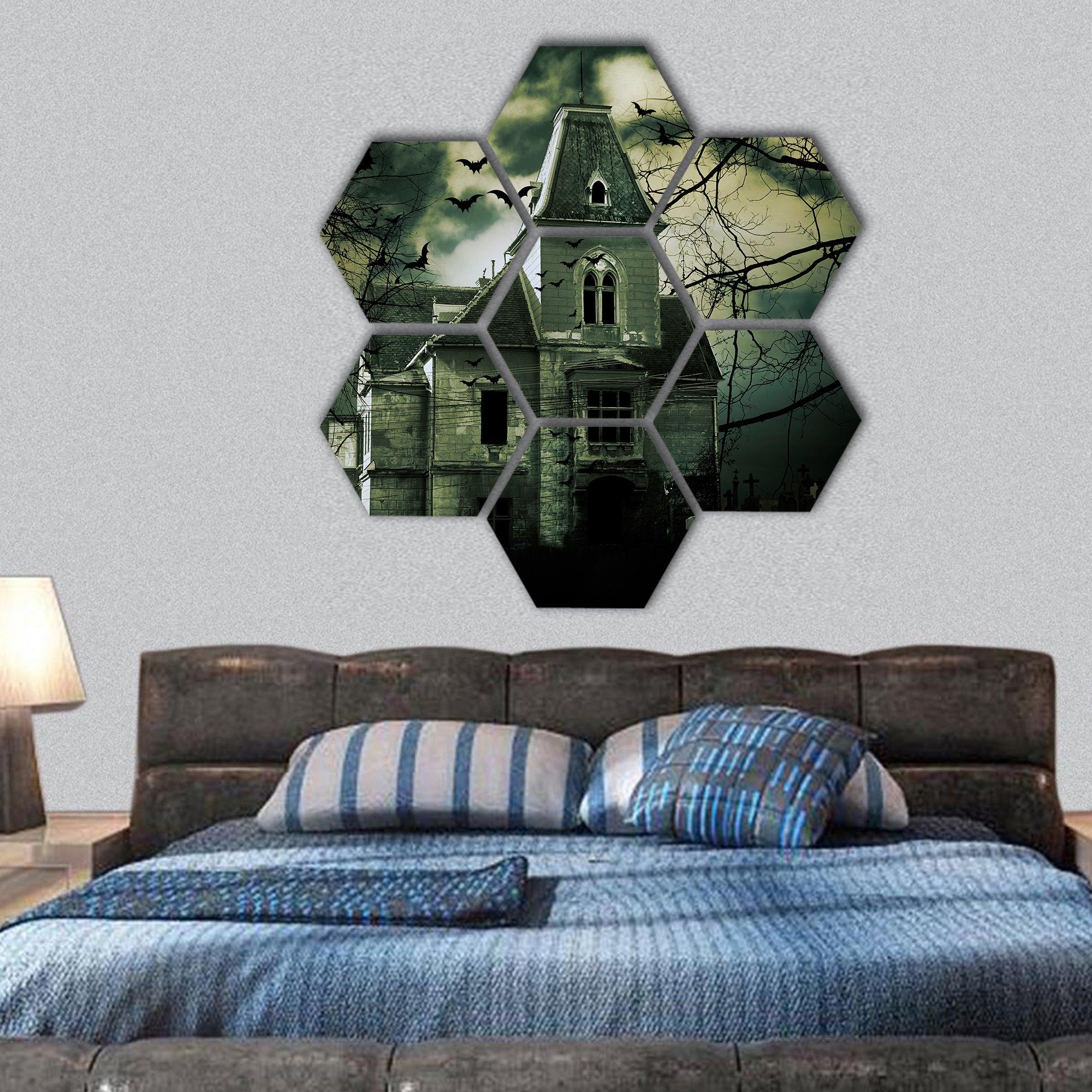 Haunted house with dark scary horror atmosphere hexagonal canvas wall art