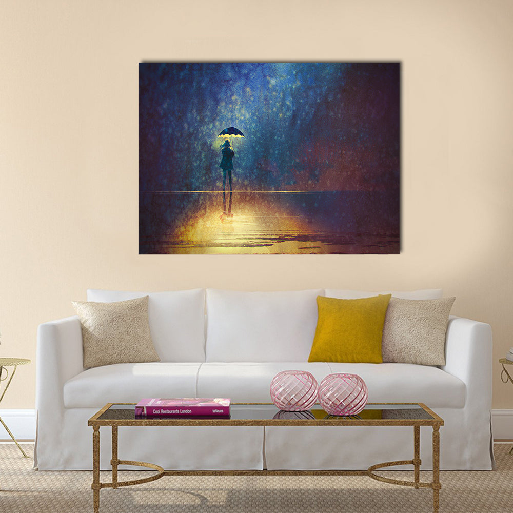 Lonely woman under umbrella lights in the dark Multi Panel Canvas Wall Art