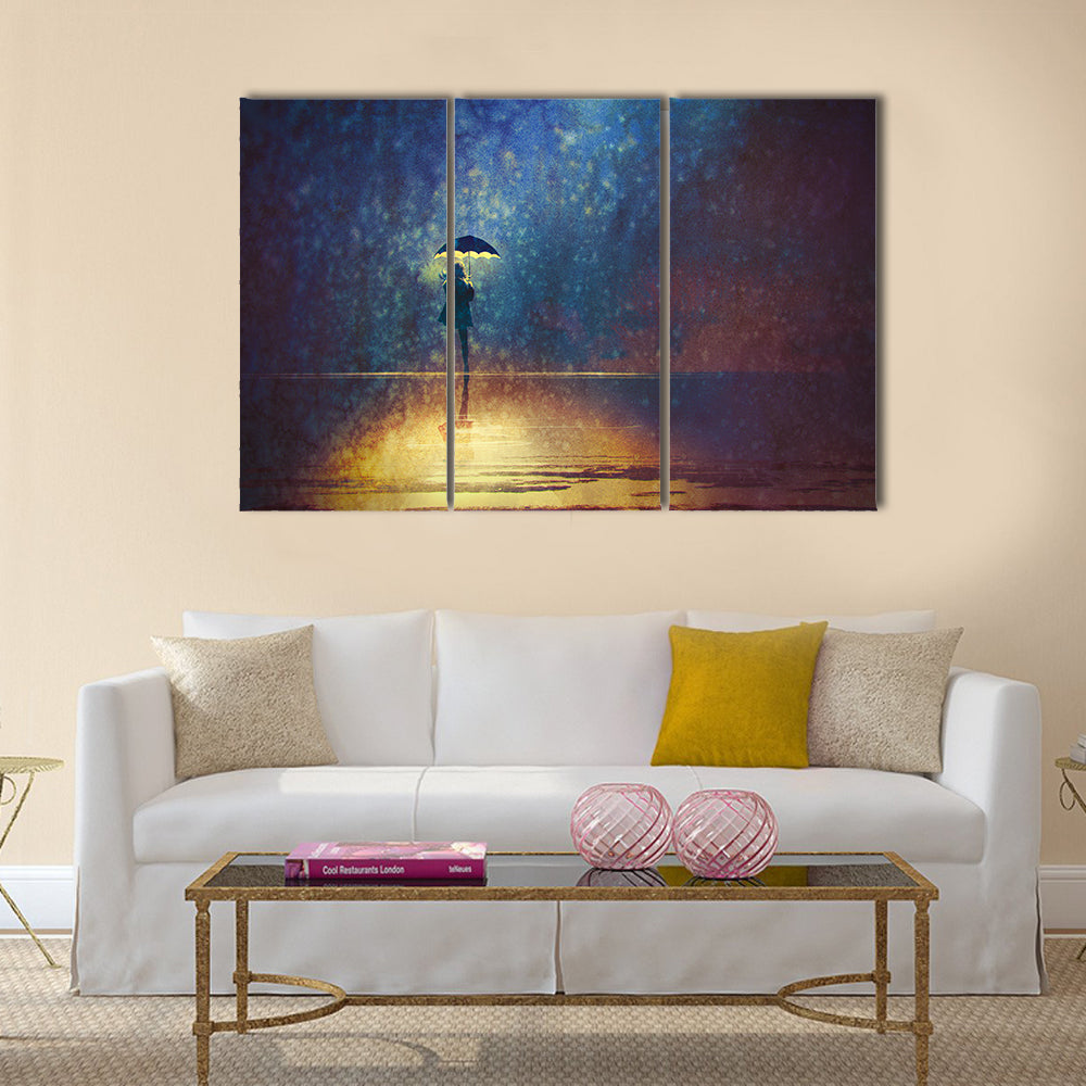 Lonely woman under umbrella lights in the dark Multi Panel Canvas Wall Art
