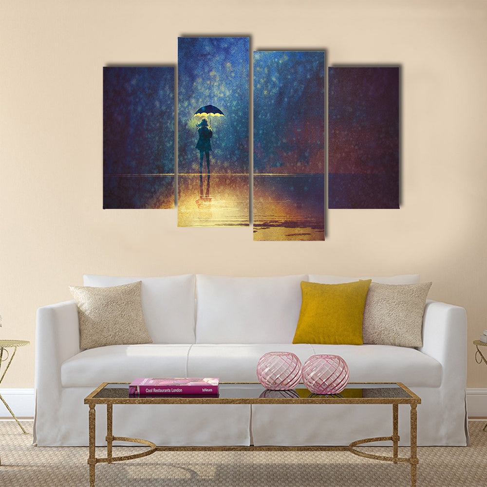 Lonely woman under umbrella lights in the dark Multi Panel Canvas Wall Art