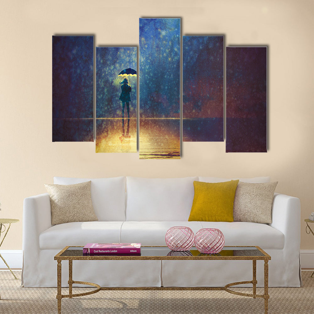 Lonely woman under umbrella lights in the dark Multi Panel Canvas Wall Art