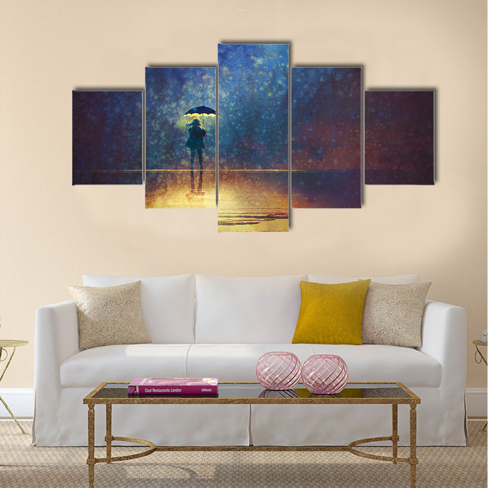 Lonely woman under umbrella lights in the dark Multi Panel Canvas Wall Art