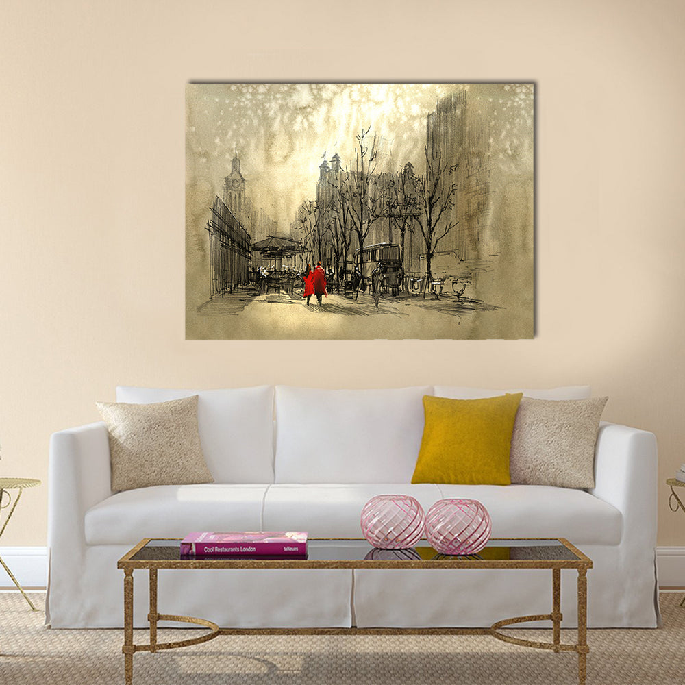 Couple in red walking on street of city Multi Panel Canvas Wall Art