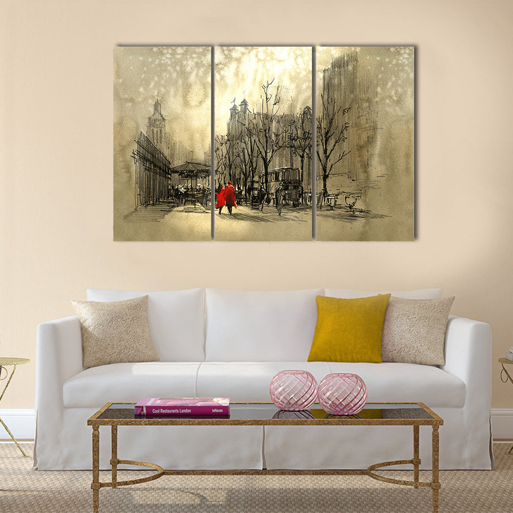 Couple in red walking on street of city Multi Panel Canvas Wall Art
