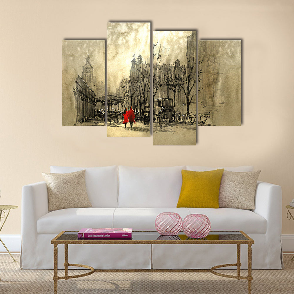 Couple in red walking on street of city Multi Panel Canvas Wall Art