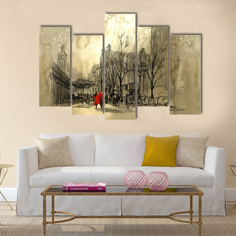 Couple in red walking on street of city Multi Panel Canvas Wall Art