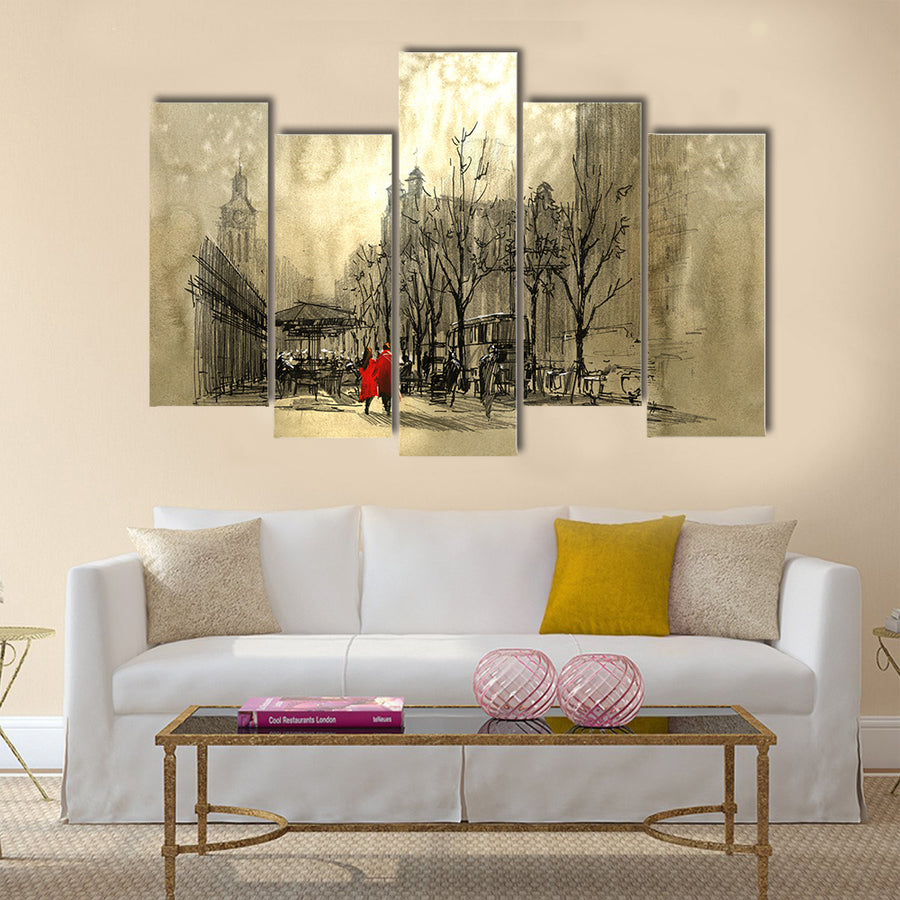 Couple in red walking on street of city Multi Panel Canvas Wall Art