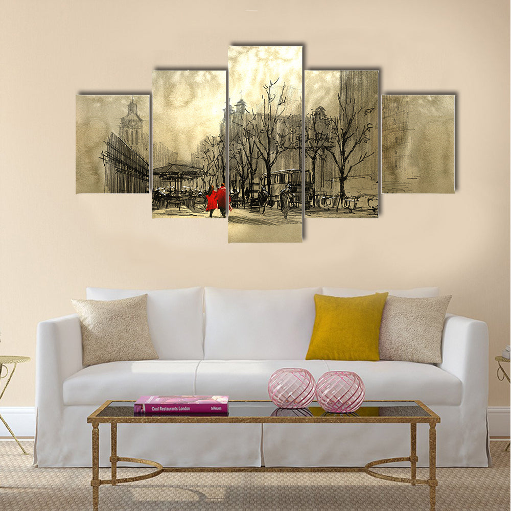Couple in red walking on street of city Multi Panel Canvas Wall Art